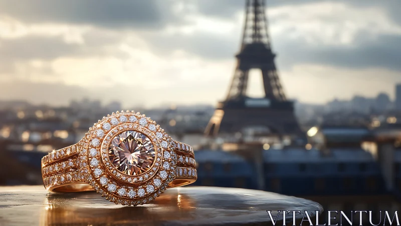 Rose gold diamond halo ring glows against romantic Paris backdrop