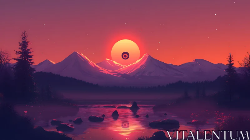 Surreal crimson sunset above violet mountain lake panorama.