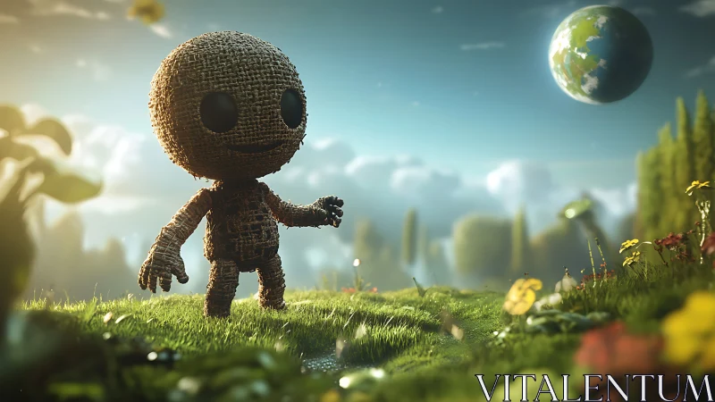 Textured burlap figure stands on stylized grassy landscape