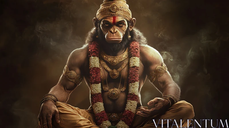 Divine monkey warrior sits in meditative golden smoke