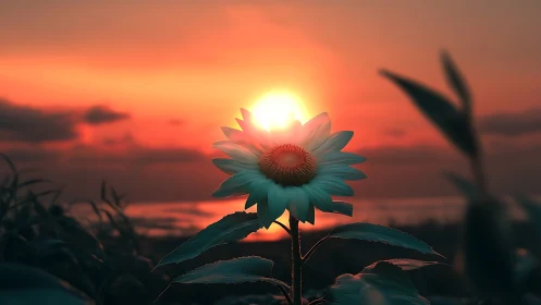 Backlit turquoise sunflower silhouette against coastal sunset