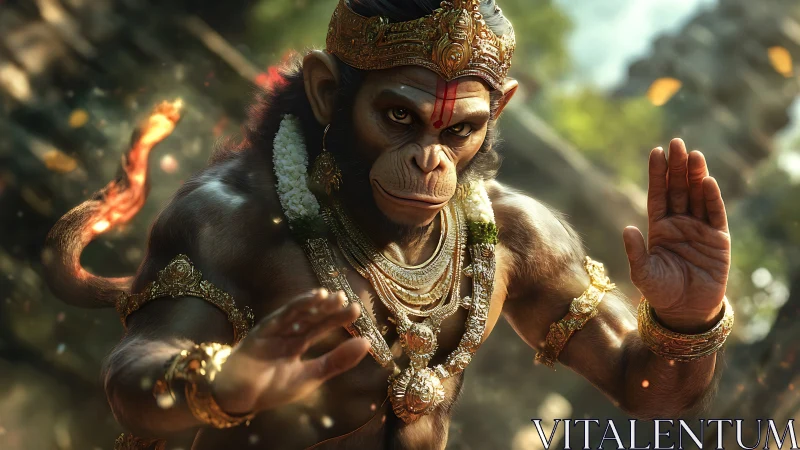 Mythic warrior monkey in ornate gold regalia, 3D render.