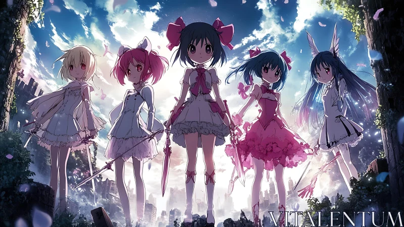 Five magical girls confront a ruined city under radiant sky