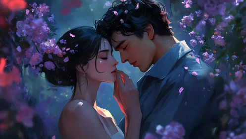 Romantic embrace among blooming purple flowers.