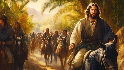 Processional rider leading mounted followers through sunlit palms