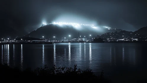 Fog-diffused harbor lights reflecting on nocturnal coastal water