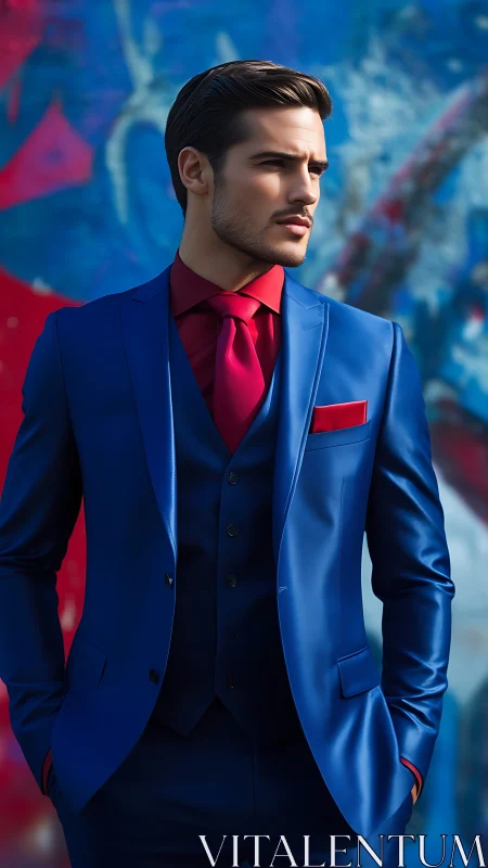 Photorealistic portrait in cobalt suit against graffiti wall.