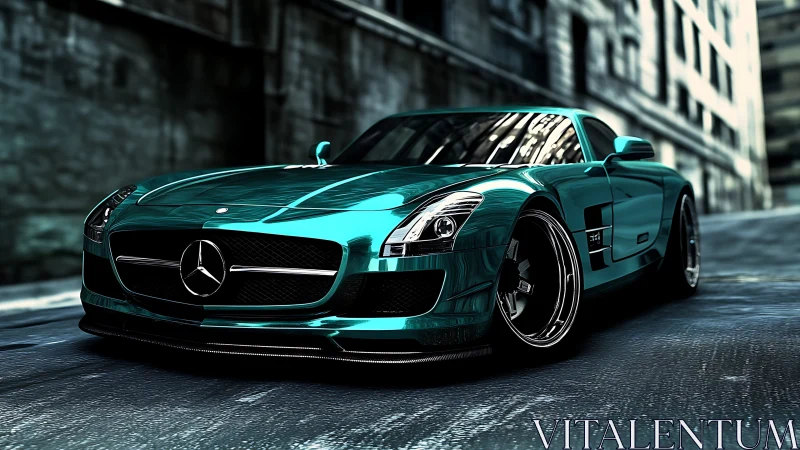 Photorealistic teal supercar in cinematic urban street perspective.