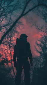 Stray astronaut stalks crimson forest fog at duskfall.