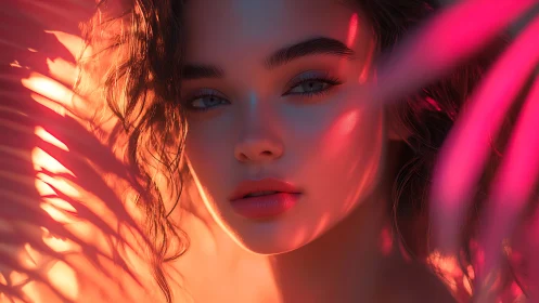 Digital portrait of woman in pink and orange light.