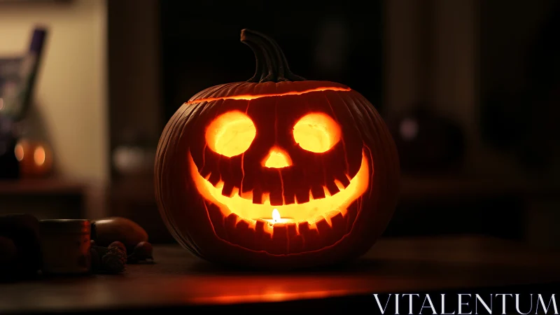 Carved jack-o-lantern glows with candlelit interior on wooden table