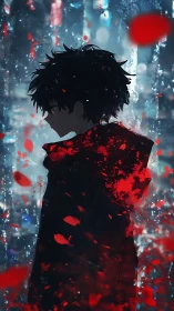 Quiet city dreamer in red petals and neon rain.