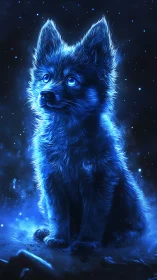 Bioluminescent canine figure rendered in luminous blue tones