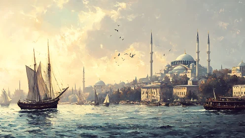 Sunlit Ottoman harbor with domed skyline and tall minarets.