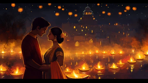 Couple by riverside lamps under night sky lanterns.