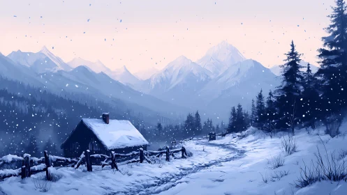 Snow-dusted silence cradles a lonely cabin beneath pastel peaks
