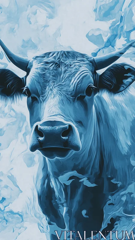 Monochromatic blue bovine portrait with high-contrast digital texturing
