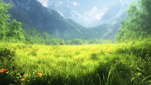 Sunlit alpine meadow opening toward distant snowy peaks.