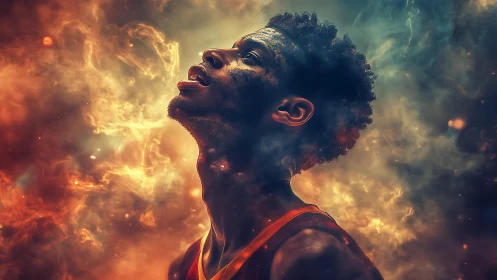 Male figure in profile amid abstract fiery cloud field.