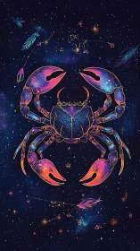 Starlit cosmic crab stretches neon claws across night