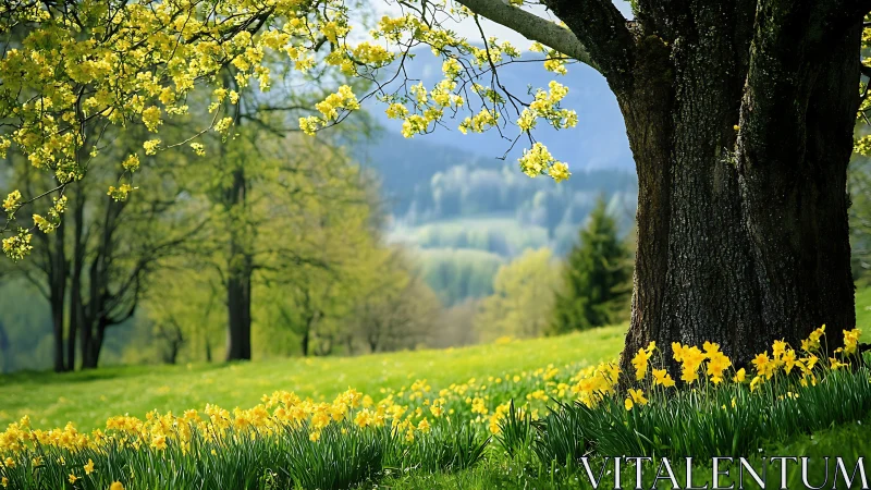 Daffodils spill like sunlight beneath an old hillside tree