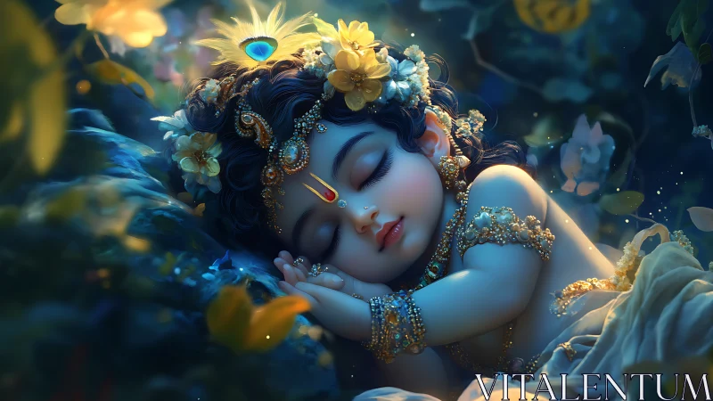 Dreaming baby deity resting in a jeweled moonlit garden.