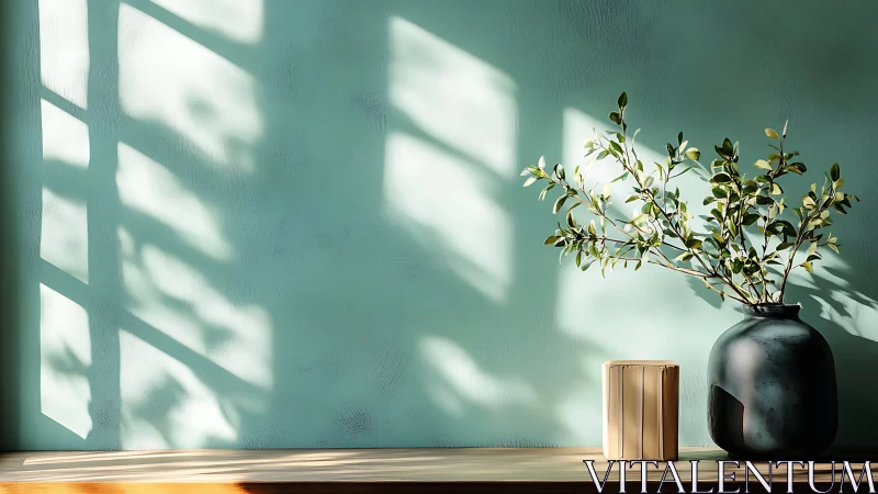 Window light casts shadows on wall beside vase and branch