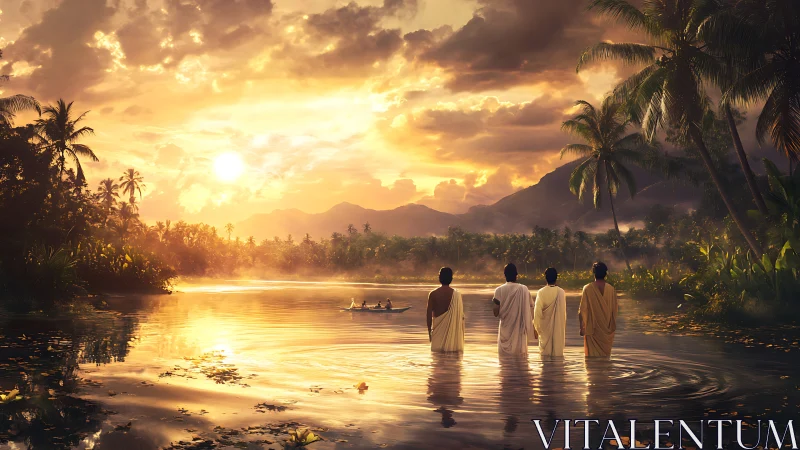 Golden sunrise bathes river pilgrims in peaceful morning light