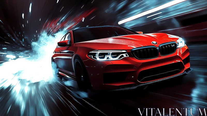 Red BMW sedan in motion on wet urban road at night.