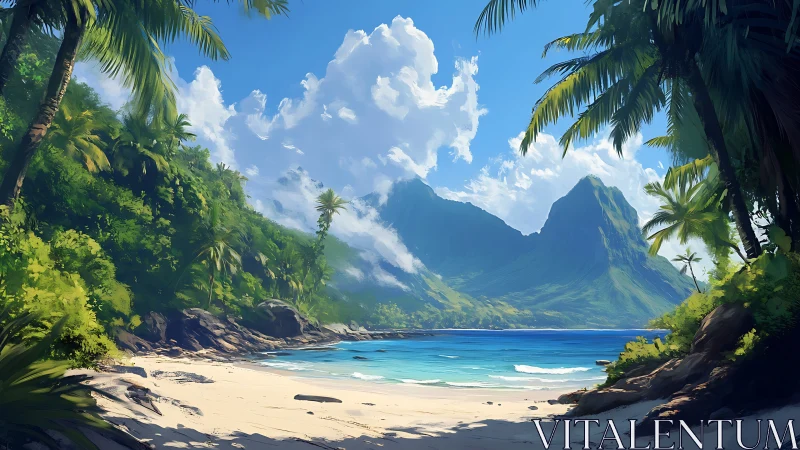 Tropical Paradise Beach Framed by Lush Mountains.