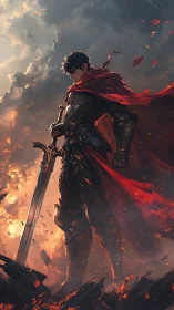 Armored swordsman in red cape amid burning battlefield.