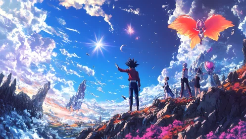 Stargazing heroes on crystalline cliffs under radiant cosmos.