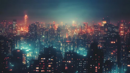 Cyberpunk megacity skyline with neon haze and bokeh depth.
