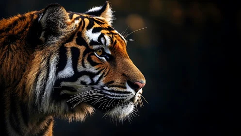 Tiger profile glows against deep, shadowed background.