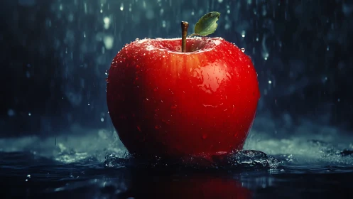 Red apple stands under pouring rain with dramatic lighting
