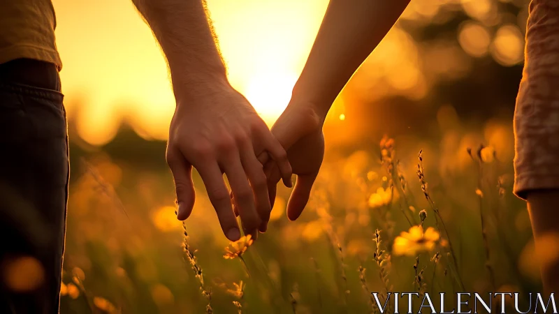 Couple holding hands in golden sunset field.