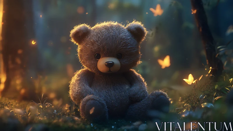 Digital painting of plush teddy bear in luminous forest glade.