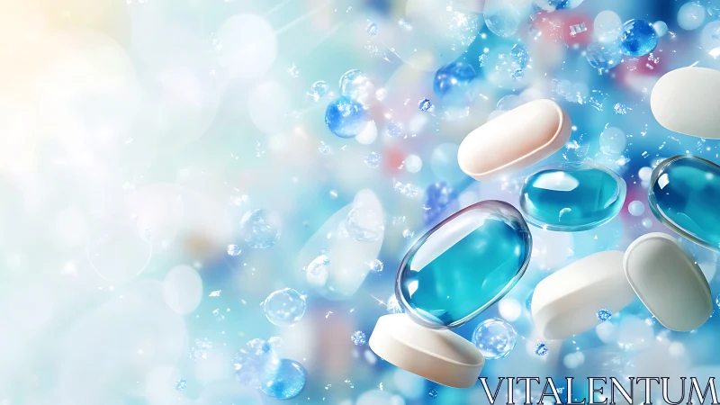 Pharmaceutical capsules in dynamic aqueous suspension field.