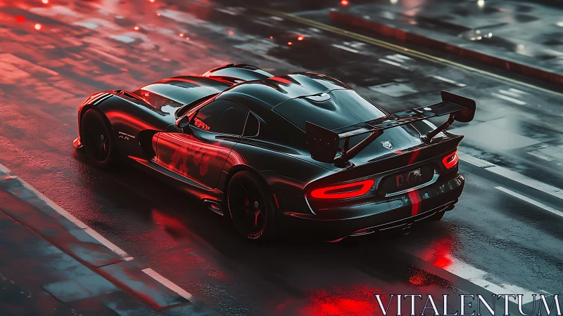 Sleek black supercar glows in neon light on wet street.