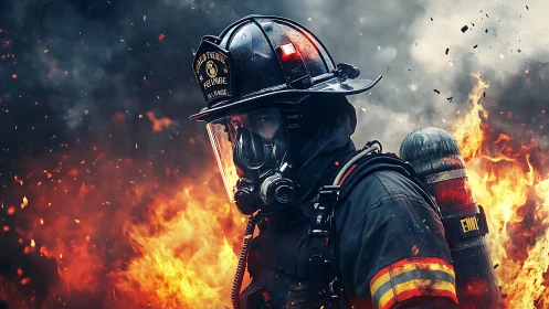 Inferno Guardian: Firefighter Stands Resolute Against Raging Flames