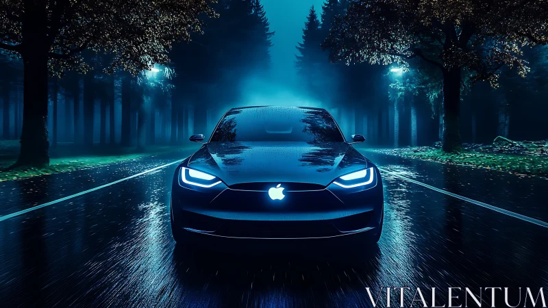 Electric concept car on wet forest road at night scene.