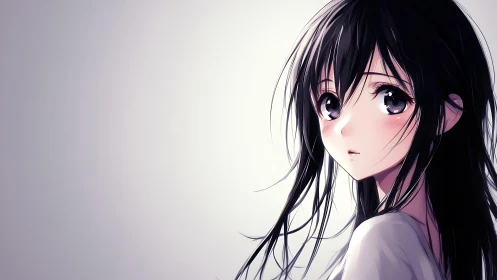 Anime girl with black hair on soft light background.