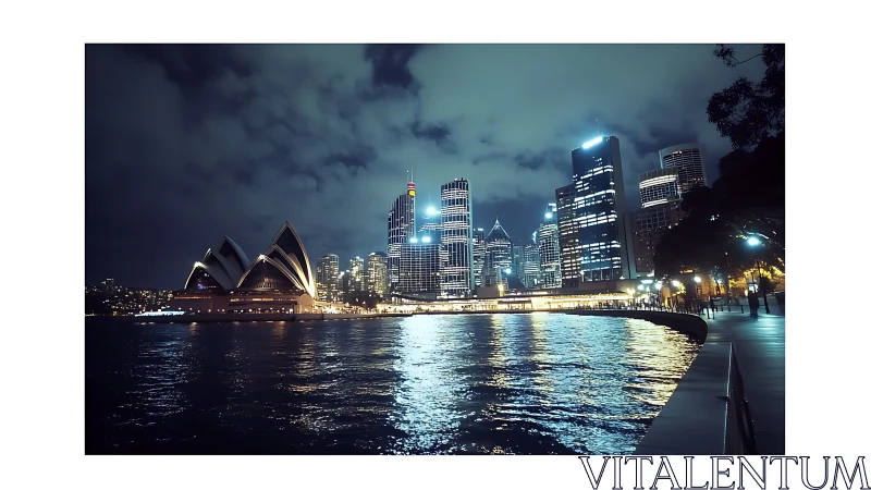 Sydney harbor skyline glows against dramatic cloudy night sky