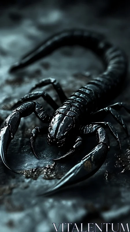 Macro rendering of metallic scorpion morphology in wet substrate.