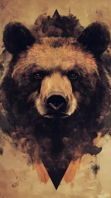 Geometric grizzly gaze crowned in ink-splashed wilderness storm.