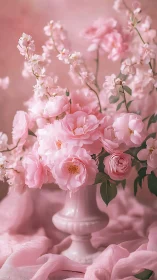 Pink garden roses in urn showcase soft focus depth with warm tonal gradation