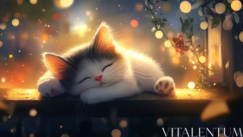 Luminous white cat resting peacefully amid glowing golden bokeh