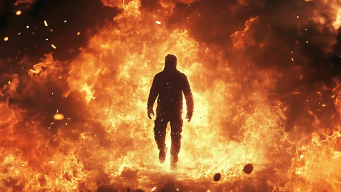 Silhouetted figure walking through intense flames and combustion environment