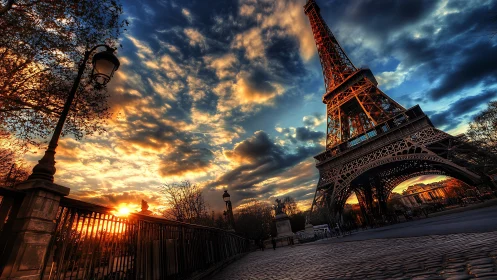 Parisian iron giant leans into a storm of painted sunset clouds.