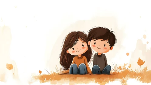 Two children sitting together in autumn field.